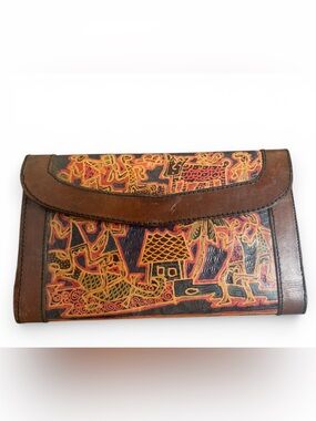 Vintage Tooled Leather Wallet Hand Painted Folk Art Pattern Brown
